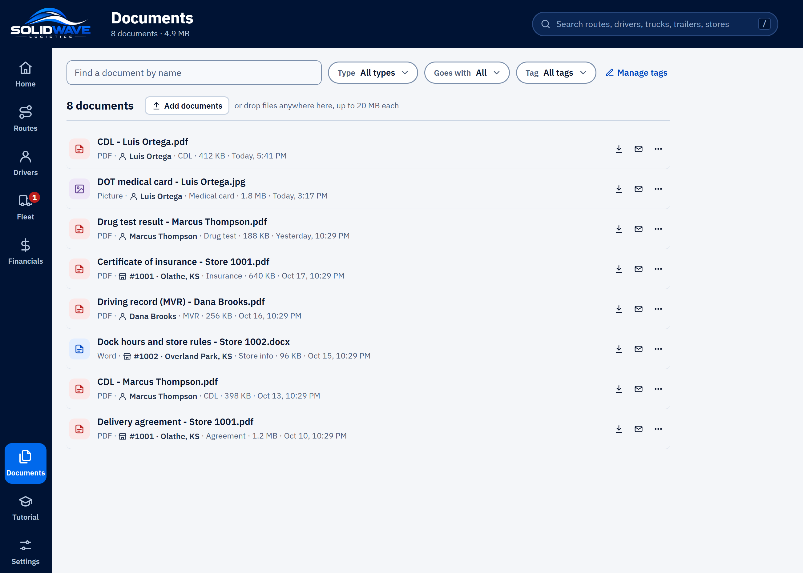 Documents in SolidWave Tracker